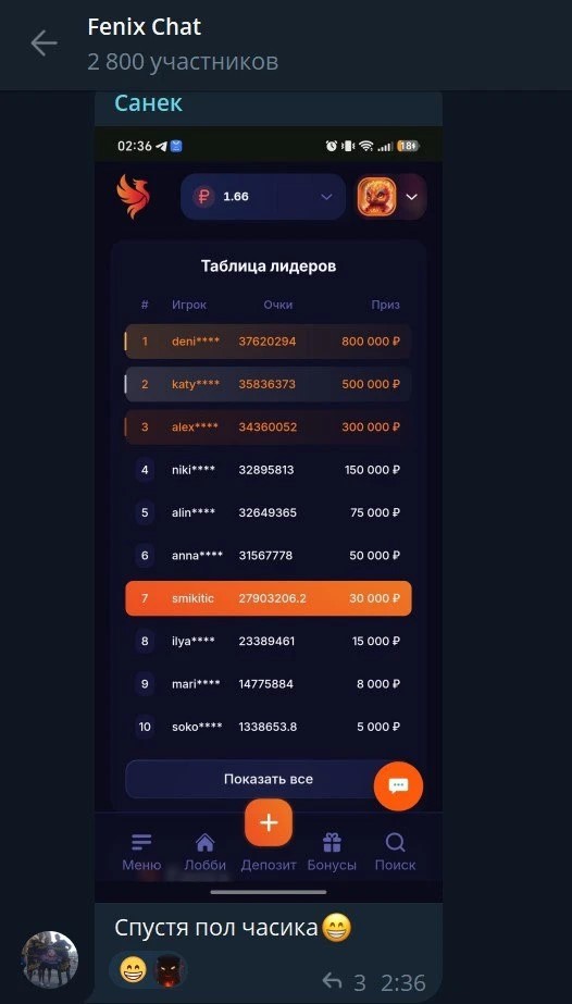 Скриншот турнирной таблицы Fenix - полчаса спустя
